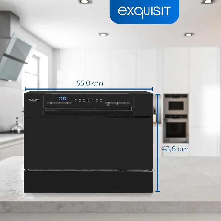 Masina de spalat vase Exquisit, 6 seturi, ideala pentru spatii mici, 7 programe, autocuratare, pornire intarziata pana la 24 h, deschidere automata, afisaj digital timp ramas, blocare pentru copii design compact, negru