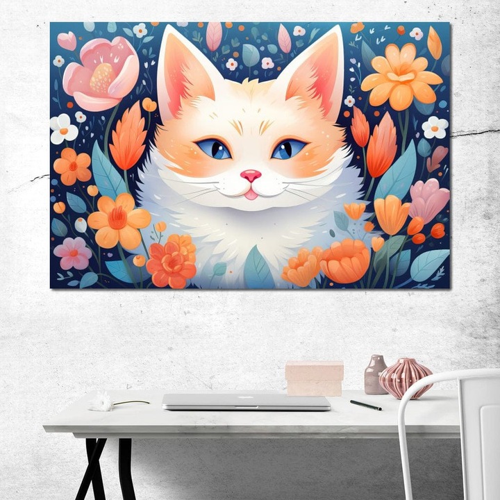 Премиум картина върху платно, LuxCanva® K1011, Очарователно коте, 80 X 120 см, 100% памучно платно 400 г/м2, дървена рамка, Кралица, Цветя, Венчелистчета, Поглед, Космато, Пухкаво, Флорално, Котешко, Мустаци, Детска стая