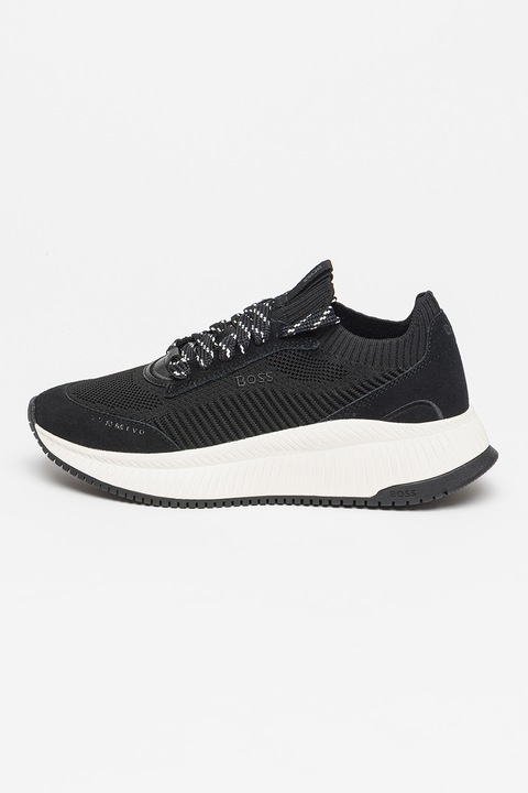 BOSS, Pantofi sport slip-on cu insertii de piele intoarsa Titanium Evo, Negru/Alb murdar