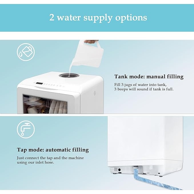 Masina de spalat vase mini, de masa, 6 programe, uscare automata, utilizabila cu sau fara racord la apa, necesita 5 litri de apa, independenta – pentru birou, camping, rulota [Clasa energetica F]