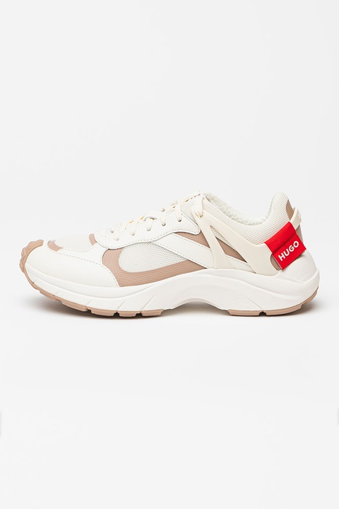 HUGO, Pantofi sport din plasa cu garnituri din piele ecologica, Alb/Roz prafuit
