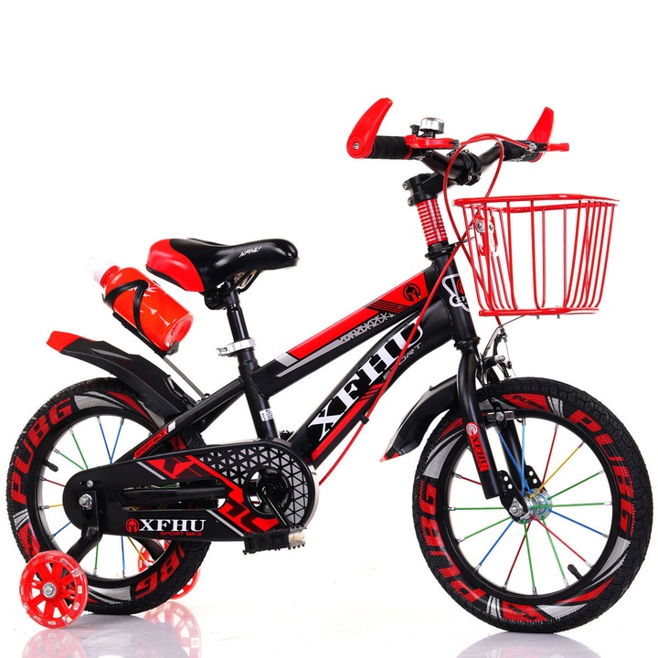 Bicicleta copii 10-14 ani cu roti ajutatoare, cosulet si bidon pentru apa in suport JHT, 20 inch, Rosu
