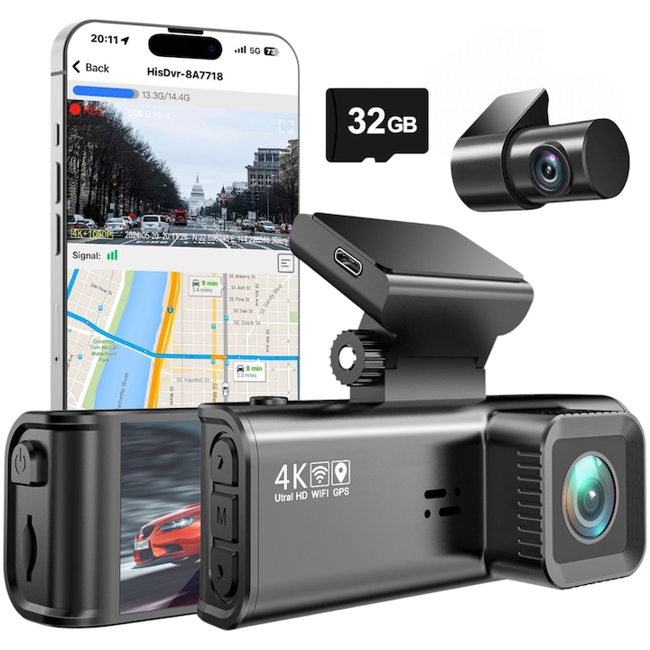 Видеорегистратор LONDEMM 4K+FHD предна и задна камера, 32GB SD карта памет включена, SONY IMX335 сензор, безжична връзка, GPS, 3.18-инчов дисплей, 170° широк ъгъл на запис, нощно виждане, цикличен запис, G-сензор, наблюдение на паркирането, черен