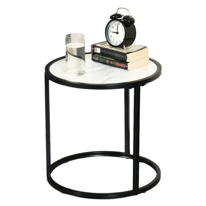 Комплект от 2 кръгли масички за кафе, бял мраморен ефект, подреждащи се, O60x46см и O40x40см