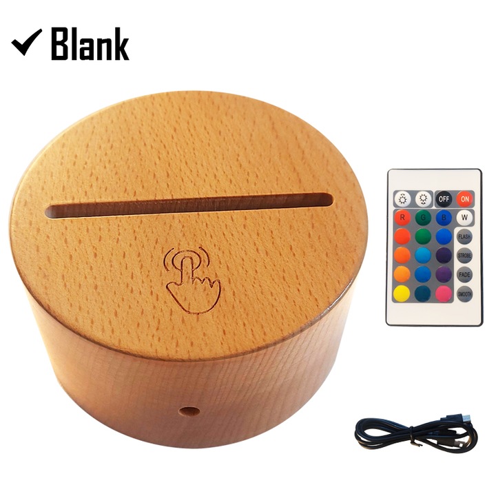 Персонализируема 3D LED основа за нощна лампа, изработена от масивно дърво, с отвор за акрилна плоча с дебелина между 2 и 4 мм, дистанционно управление, RGB, 4 светлинни ефекта