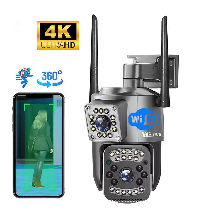 Camera Supraveghere Barste WiFi 4K 8MP cu 2 Lentile, Vedere Nocturna Color, Urmarire Automata, IP66