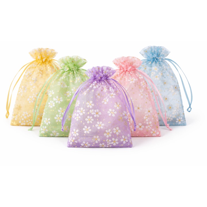 Set 5 Saculeti Organza 10x15 cm Multicolor Model Margarete Pungi Cadou Pentru Bijuterii Marturii Nunta Botez Ambalare Cadouri Accesorii Decor Evenimente