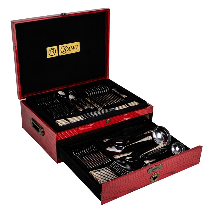 Комплект прибори за хранене RAWI от 84 части от неръждаема стомана – класическа елегантност в луксозна дървена кутия