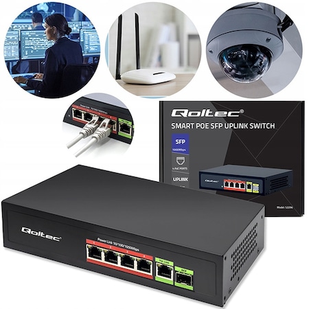 Switch De Retea Qoltec 52296 Cu Cablu, Qoltec, 52296, 4 Porturi Poe 10/100/1000 Mb/S, Port Uplink 1X Rj45 1000 Mbps, Port Sfp 1X Fibra Optica 1000 Mbps, Carcasa Metalica, 120 x 200 x 42 Mm, Negru