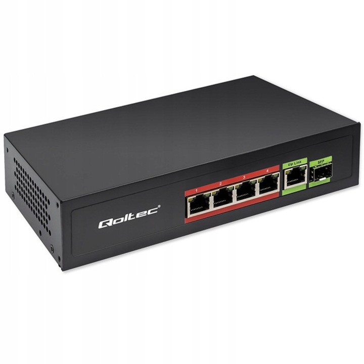 Switch PoE Qoltec 52296 6 porturi metalic negru 120x200x42mm