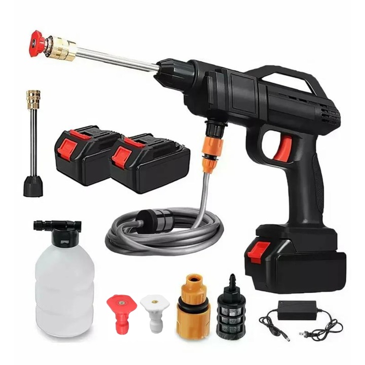 Pistol de Spalat cu Presiune, Portabila, fara Fir, cu 2 Acumulatori 48V Reincarcabili, Furtun presiune 5 Metri si Cutie, HAPPY JOKER®