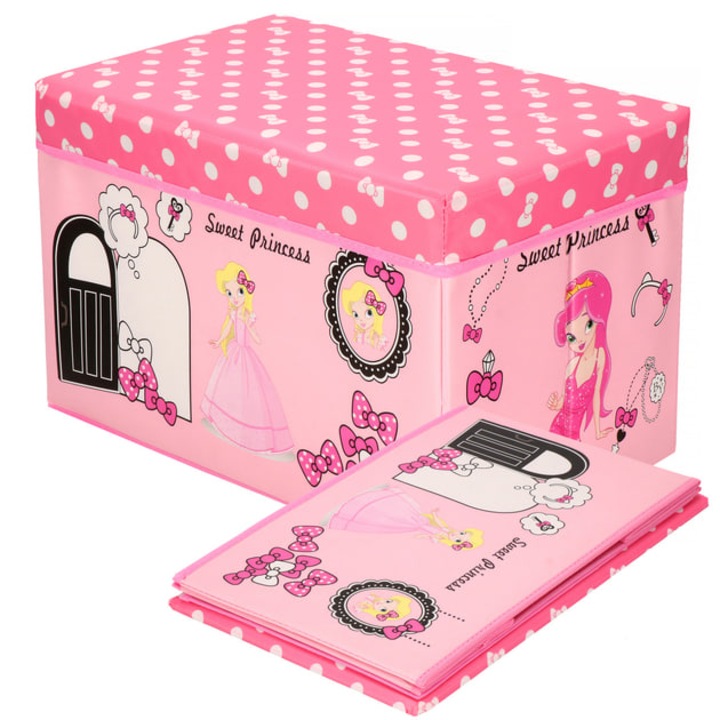 Cutii de depozitare pentru copii, pentru jucarii si alte lucruri, taburet cu printese, roz, 48x28x30 cm