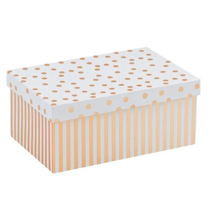 Cutie decorativa din carton, cu capac, cu dungi si buline aurii, 4.32L, 24x16x10.5cm
