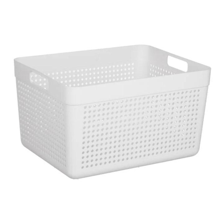 Cos depozitare din plastic, perforat cu manere, alb, 14L, 33.5x25x19cm