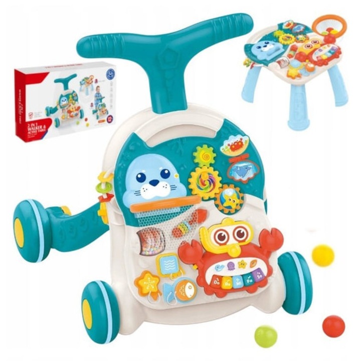 Interaktív oktatóasztal gyerekeknek, 2 az 1-ben zenélő járássegítő, kék