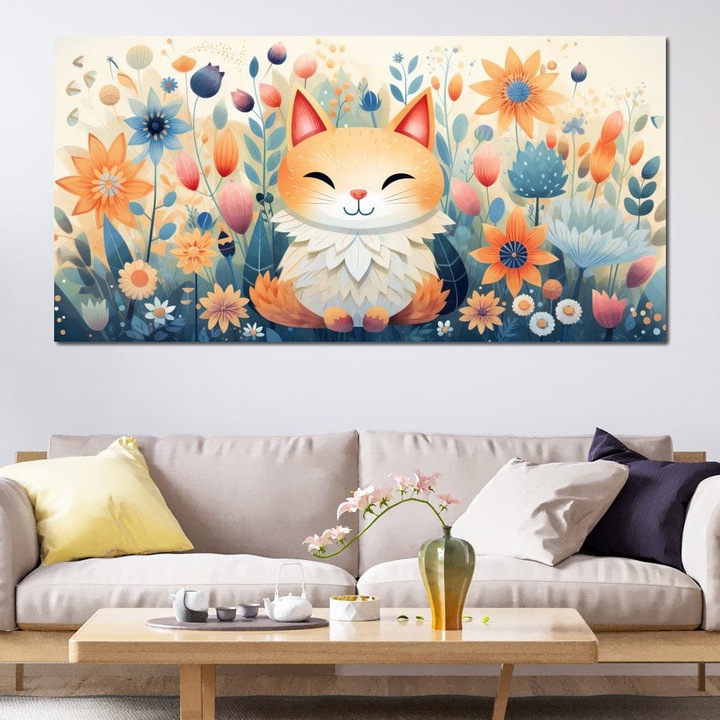 Премиум картина върху платно, LuxCanva® K1010, Дзен коте, 70 X 140 см, 100% памучно платно 400 г/м2, дървена рамка, градина, омагьосана, усмивка, цветя, котка, щастие, мечти, земя, спокойствие, коте, нежност, детство, детска стая