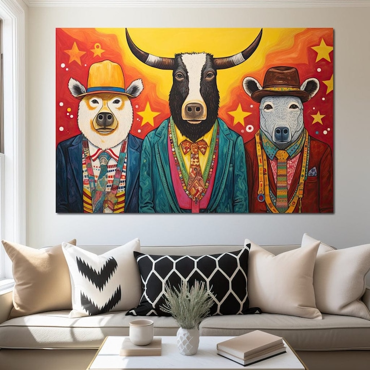 Премиум картина върху платно, LuxCanva® K1009, Бандити в костюми, 80 X 120 см, 100% памучно платно 400 г/м2, дървена рамка, козина, звезди, рога, костюм, банда, мечка, крава, вол, стилизирано, герои, поп-арт, игриво, приятелство, детска стая