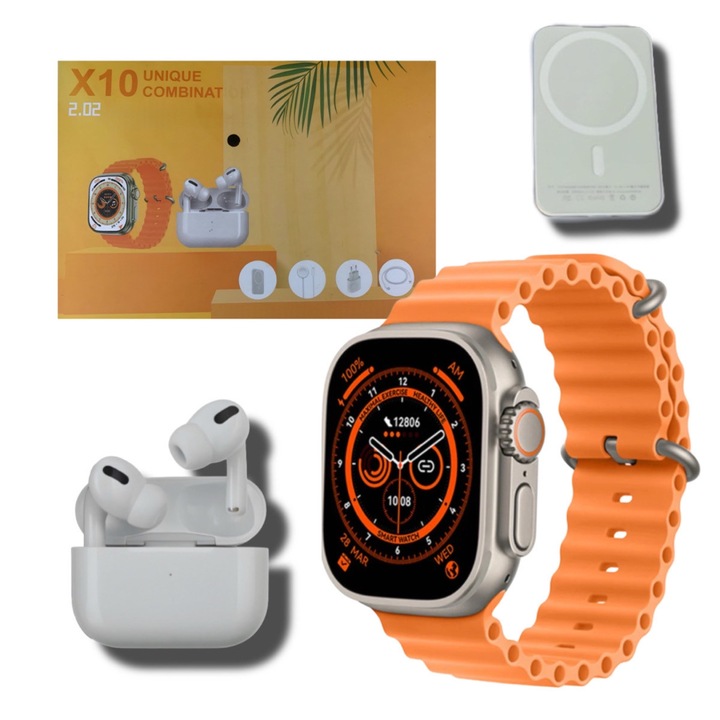 X10 okosóra, egyedi kombinált, Bluetooth hívás, NFC, 2.02 IPS képernyő, IP67, állapotfigyelés, mindig bekapcsolva, BT headset, külső akkumulátor, narancssárga