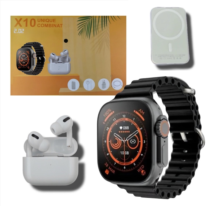 X10 okosóra, egyedi kombinált, Bluetooth hívás, NFC, 2.02 IPS képernyő, IP67, állapotfigyelés, mindig bekapcsolva, BT headset, külső akkumulátor, fekete