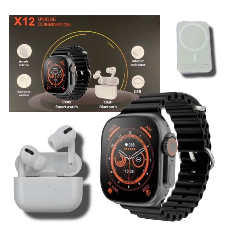 X12 okosóra, egyedi kombináció, Bluetooth hívás, NFC, 2.02 IPS képernyő, IP67, állapotfigyelés, mindig bekapcsolva, BT headset, külső akkumulátor, fekete