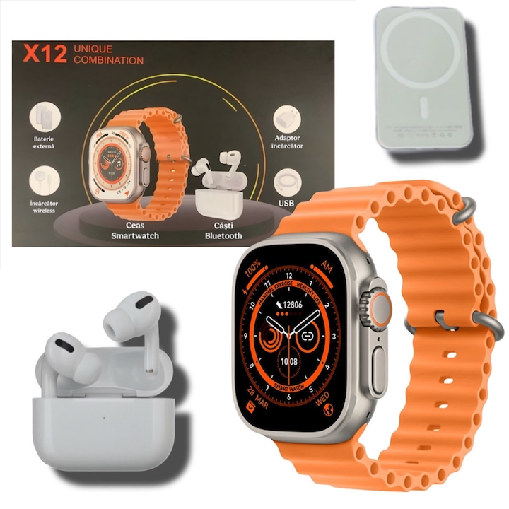 X12 okosóra, egyedi kombináció, Bluetooth hívás, NFC, 2.02 IPS képernyő, IP67, állapotfigyelés, mindig bekapcsolva, BT headset, külső akkumulátor, narancssárga