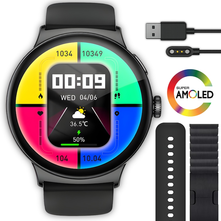 Ceas Smartwatch Barbati TechONE® NeoWrist Plus, BT 5.3, 500 mAh, Rotund 1.43 Inch SUPER AMOLED, Inteligent, Apel Bluetooth HD, Ritm Cardiac Multi Point, SpO2, Tensiune, Carcasa Metalica, 2 Curele, IP68, Negru