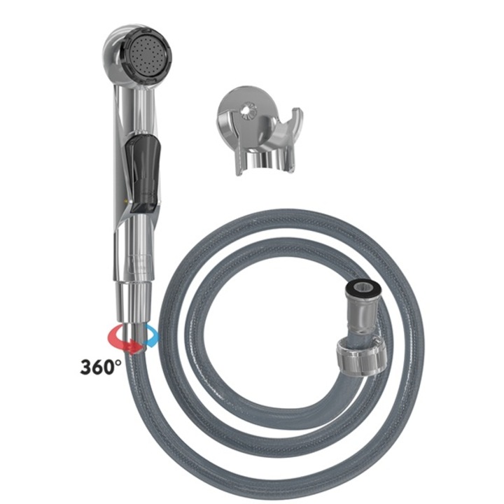 Krómozott higiénikus kézi zuhany, 120 cm-es szürke műanyag tömlővel, forgatható fejjel, belső kezelőgombbal, 4032-PLS