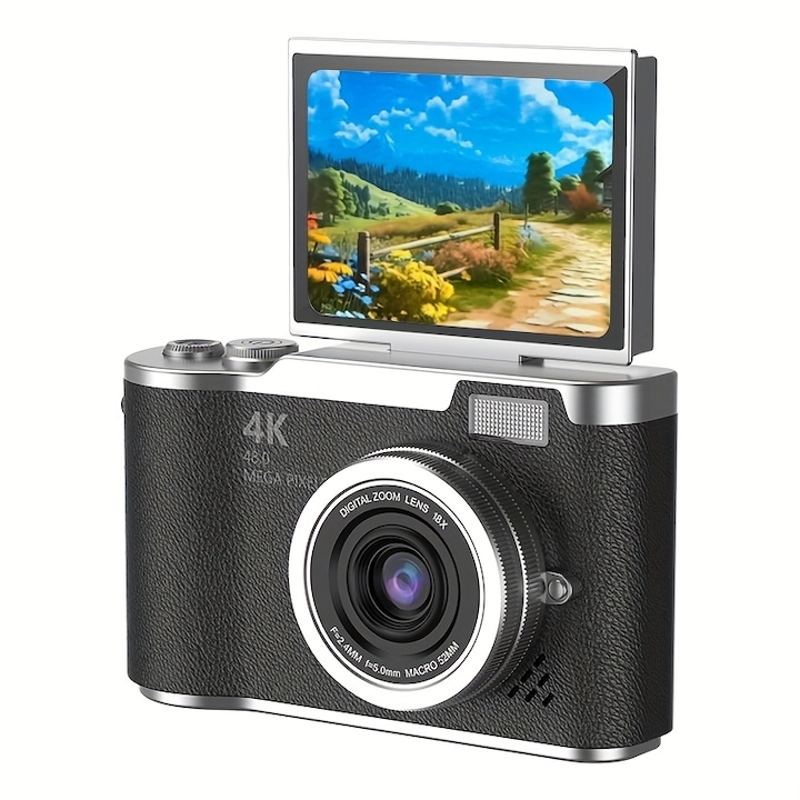 Aparat foto digital pentru copii, VALA® V700, 4K 48MP, LCD de 2.4 inchi, Ecran flip 180°, Zoom 18x, blit incorporat, autofocus AF, Stabilizare electronica Anti-shake, Negru