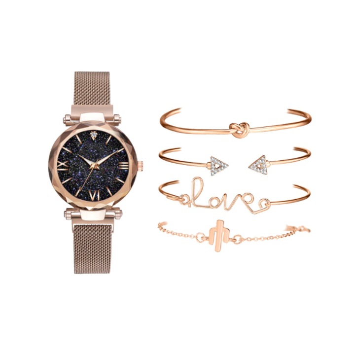 Ceas dama casual cu bratara magnetica si set de bratari