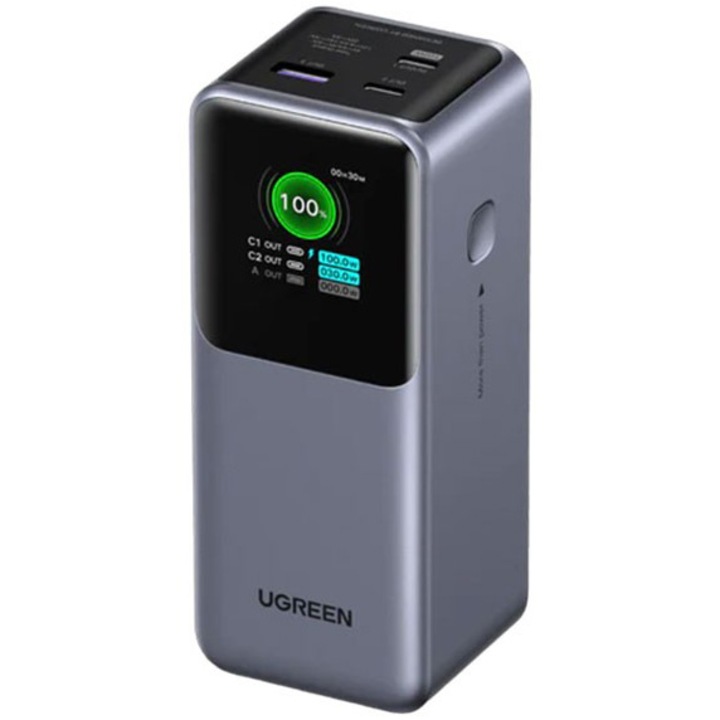 Acumulator extern UGREEN 20000mAh 130W Fast Charging Power Bank PB721, 20000mAh, 130W, Ecran digital inteligent, Gri