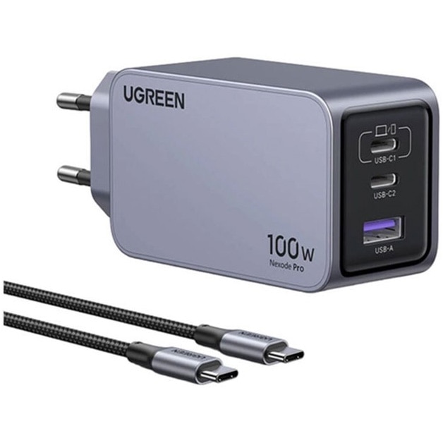 Incarcator retea UGREEN Nexode 100W 3-Port GaN Fast Charger EU, 1 x USB-A - 2 x USB-C, Gri