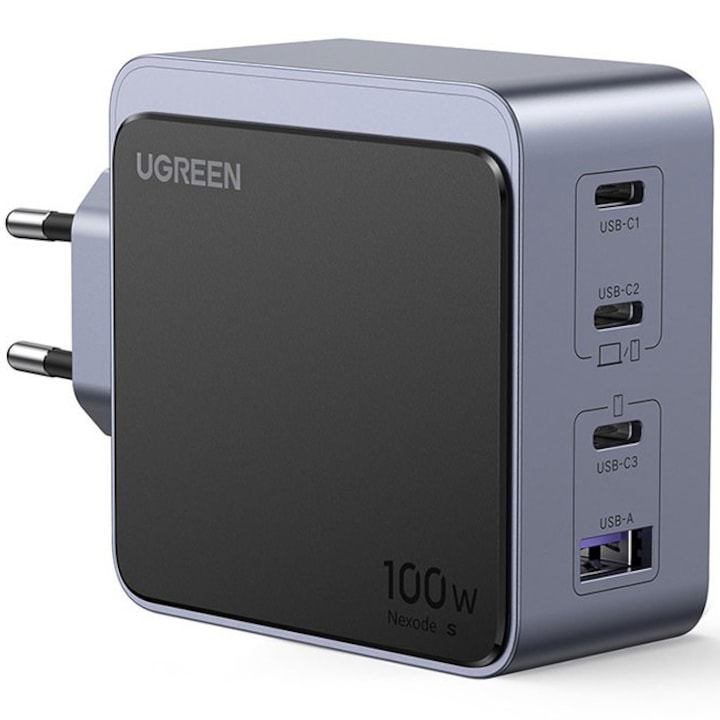 UGREEN Nexode S 100W 4 portos GaN gyorstöltő EU, 3x USB-C, 1x USB-A, fekete/szürke