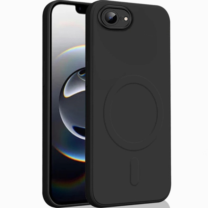 Husa telefon ERBORD Silicone Mag Cover, pentru iPhone 16E, mata, neagra, cu protectie MagSafe