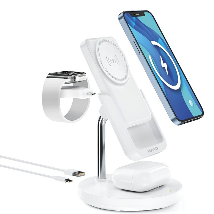 Incarcator wireless Forever 5 in 1 cu Powerbank 5000mAh, alb