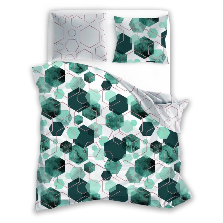 2 részes ágyneműhuzat garnitúra, Faro, 140x200cm, szatén pamut, zöld/szürke geometriai mintás