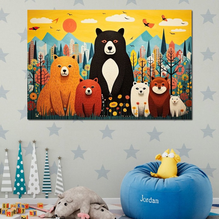 Премиум картина върху платно, LuxCanva® K1007, Семейство мечки, 80 X 120 см, 100% памучно платно 400 г/м2, дървена рамка, гора, планина, град, приятели, поляна, магия, декор, радост, приятелство, топлина, природа, бърлога, детска стая