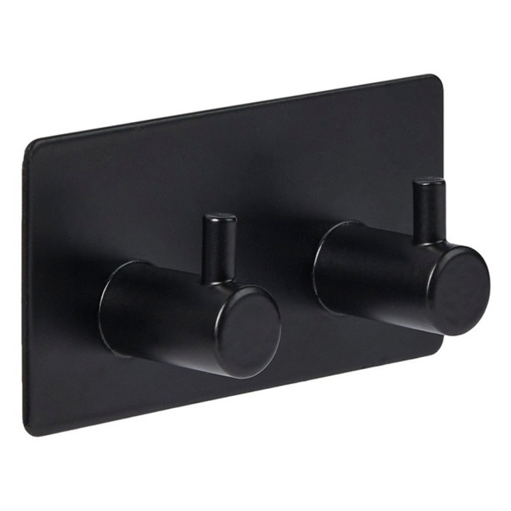 Carlig autoadeziv STIKY+, 2 carlige, otel inoxidabil, 9 x 2, 8 x 4, 5 cm - negru