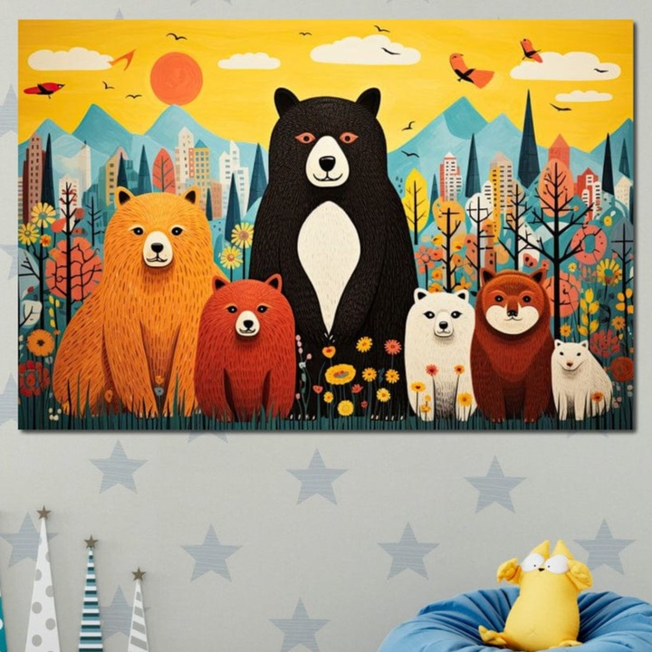 Tablou Canvas Premium, LuxCanva® K1007, Familia de Ursuleti, 70 X 100 CM, Panza Bumbac 100% 400g/m2, Sasiu Lemn, Padure, Munte, Oras, Prieteni, Poiana, Magica, Decor, Veselie, Prietenie, Caldura, Natura, Barlog, Camera Copii
