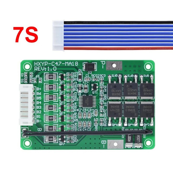 OEM Töltő- és védőmodul kiegyensúlyozó és hőérzékelővel 7 lítium akkumulátorhoz, BMS 7S, 20A