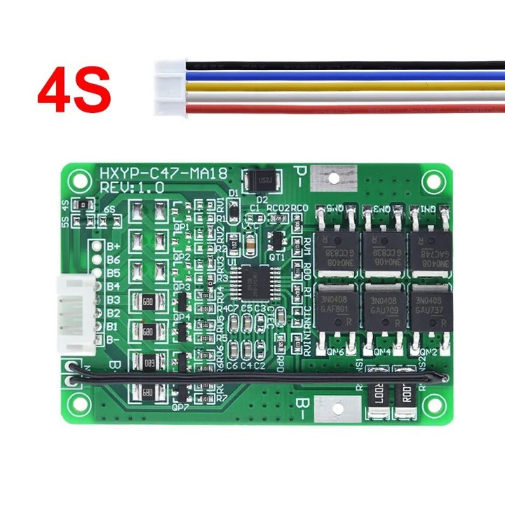 Töltő- és védőmodul kiegyenlítővel és hőérzékelővel 4 lítium akkumulátorhoz, BMS 4S, 20A