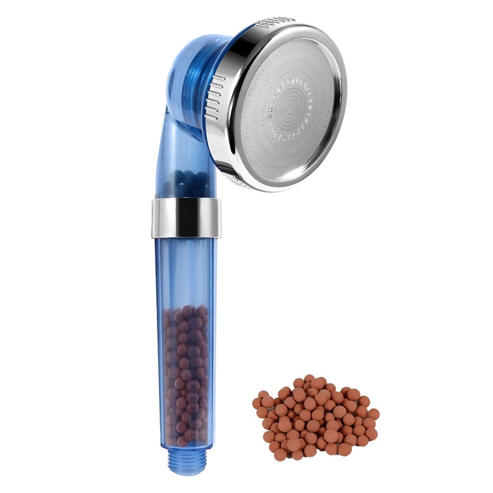 Cap de dus cu filtru, 3 functii spray, Brivoo®, suport reglabil, material ABS durabil, fara gauri, montaj usor, culoare albastru-transparent