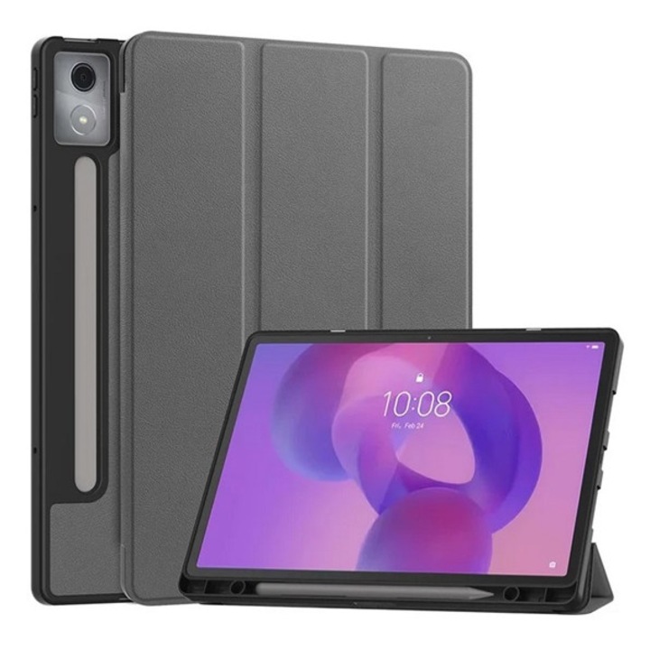 Gigapack tabletvédő álló, bőr hatású, aktív flip, oldalra nyíló, trifold, asztali tartó, ceruza tartó, sötétszürke, kompatibilis: Lenovo Idea Tab Pro, TB373FU, WIFI