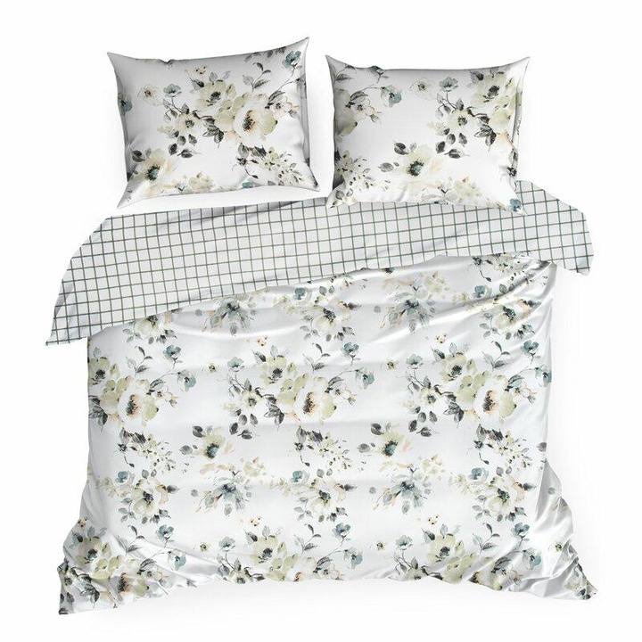 Lenjerie de pat satin 220x200 Primavara 32 flori albe verzi NOU24