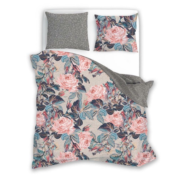 Ágyneműhuzat garnitúra 3 részes, Faro, pamut, 220x200cm, rózsaszín-szürke