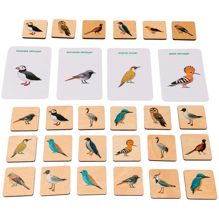 Дървена игра за памет - Птици на Европа с образователни карти
