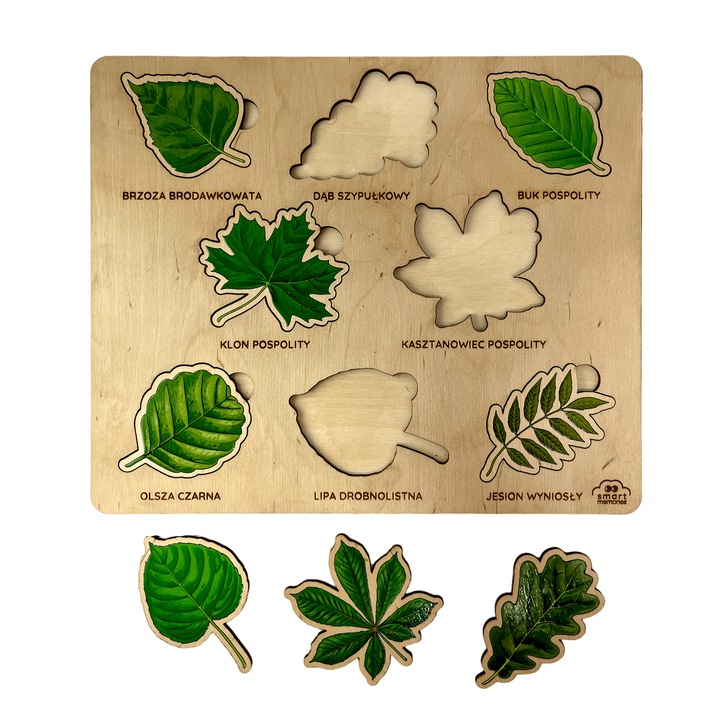 Montessori oktató fa kirakó - Levelek oktatókönyvekkel, készlet