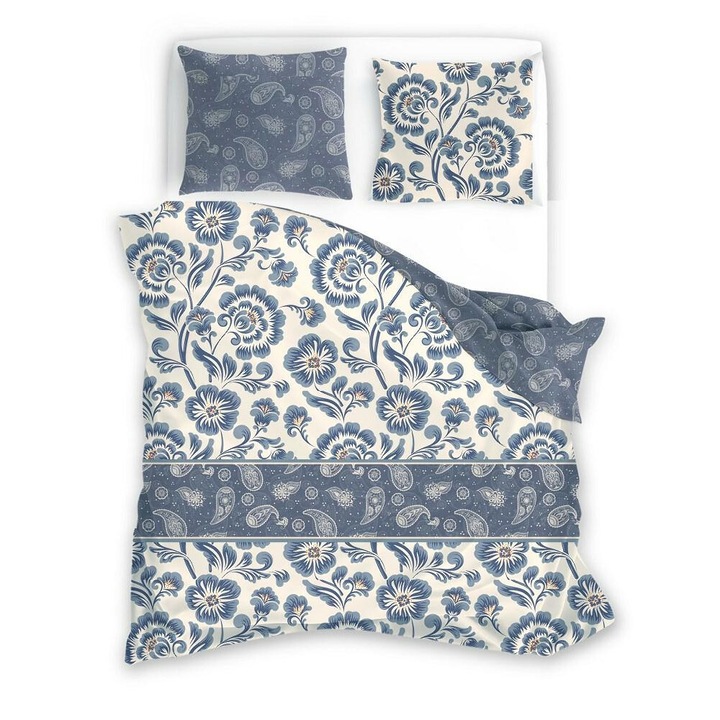 Ágyneműhuzat garnitúra, 3 részes, Faro, 220x200cm, pamutszatén, krém/kék