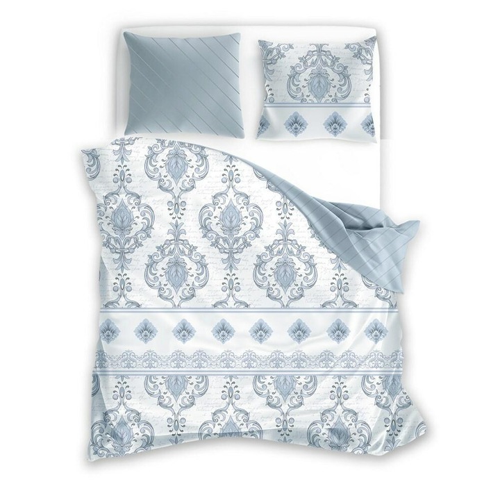 Ágyneműhuzat, Faro, szatén, fehér-kék, 160x200cm, 3 darabos szett