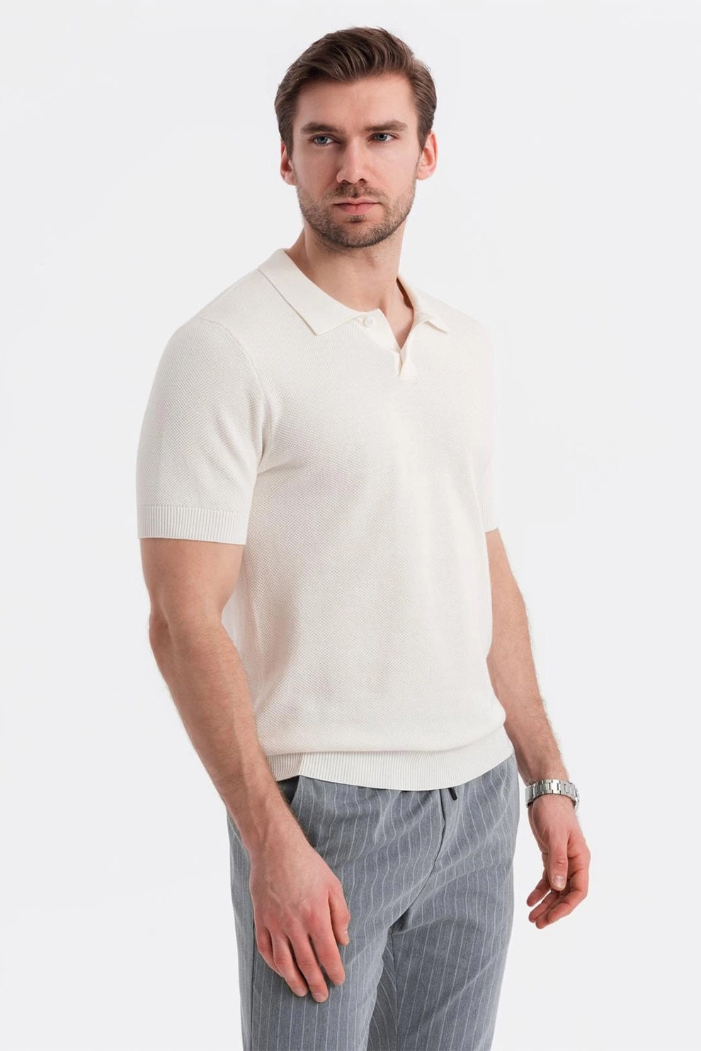 OMBRE, Tricou polo din bumbac pique, Alb murdar, 2XL