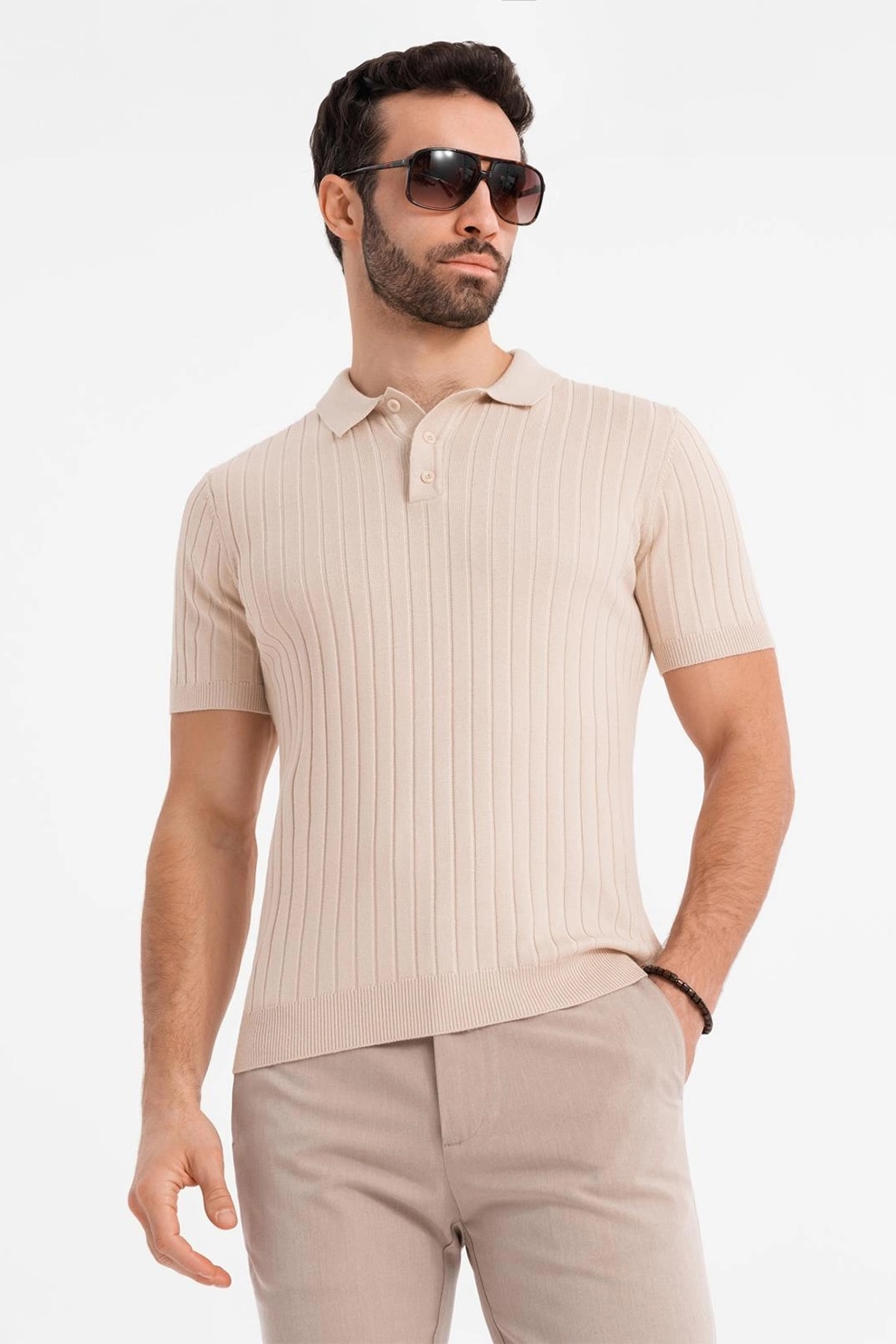 OMBRE, Tricou polo cu aspect striat, Bej, 2XL